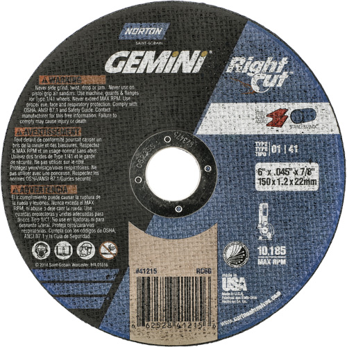 Meule &agrave; tronçonner pour coupe &agrave; angle droit RightCut Gemini, 6" x 0,045", Arbre de 7/8", Type 01/41, Oxyde d'aluminium, 10185 Tr/min Sécurité Médic