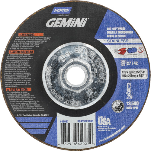 Meule &agrave; tronçonner pour coupe &agrave; angle droit INOX/SS Gemini, 4-1/2" x 3/32", Arbre de 5/8"-11, Type 27/42, Oxyde d'aluminium, 13580 Tr/min Sécurité Médic