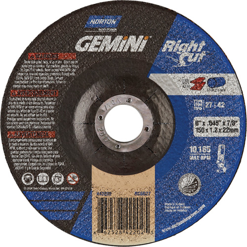 Meule &agrave; tronçonner pour coupe &agrave; angle droit RightCut Gemini, 6" x 0,045", Arbre de 7/8", Type 27/42, Oxyde d'aluminium, 10185 Tr/min Sécurité Médic