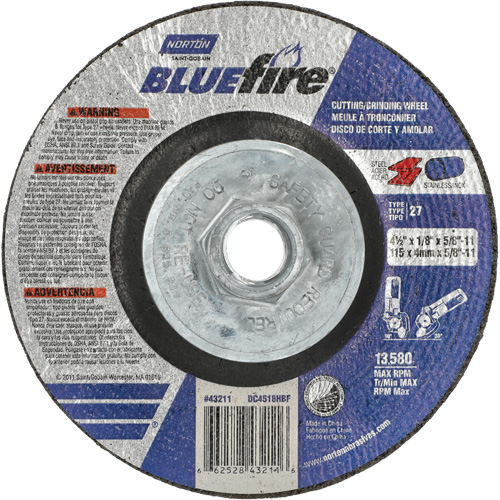 BlueFire Grinding & Cutting Wheel, 4-1/2" x 1/8", 5/8"-11 Arbor, Type 27, Zirconia Alumina Sécurité Médic