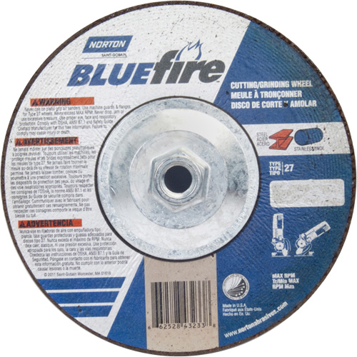 Disque de meulage et tronçonnage BlueFire, 7" x 1/8", Arbre de 5/8"-11, Type 27, Alumine de zirconium Sécurité Médic
