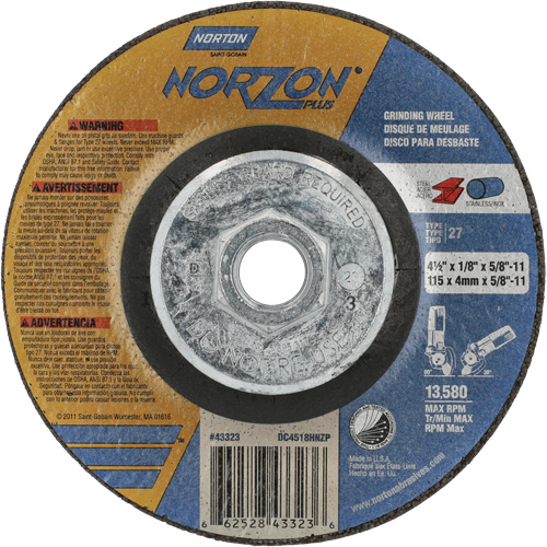 NorZon Plus SGZ CA Grinding & Cutting Wheel, 4-1/2" x 1/8", 5/8"-11 Arbor, Type 27, Ceramic Alumina Sécurité Médic