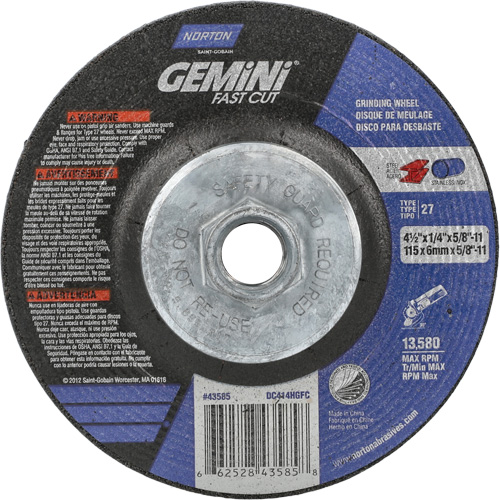 Meule Gemini, 4-1/2" x 1/4", Arbre 5/8"-11, Oxyde d'aluminium, Type 27 Sécurité Médic
