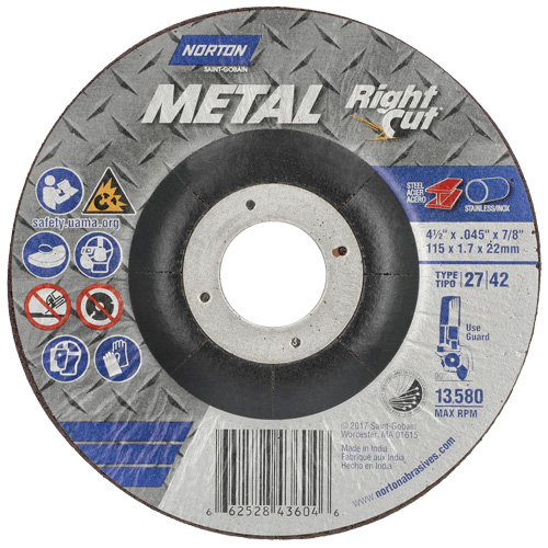 Meule &agrave; tronçonner m&eacute;tallique pour coupe &agrave; angle droit RightCut, 4-1/2" x 0,045", Arbre de 7/8", Type 27, Oxyde d'aluminium, 13580 Tr/min Sécurité Médic