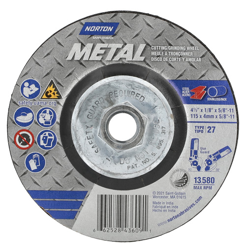 Disque de meulage et tronçonnage m&eacute;tallique, 4-1/2" x 1/8", Arbre de 5/8"-11, Type 27, Oxyde d'aluminium Sécurité Médic