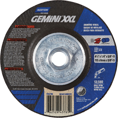 Meule XXL Gemini, 4-1/2" x 1/4", Arbre 5/8"-11, Oxyde d'aluminium, Type 27 Sécurité Médic