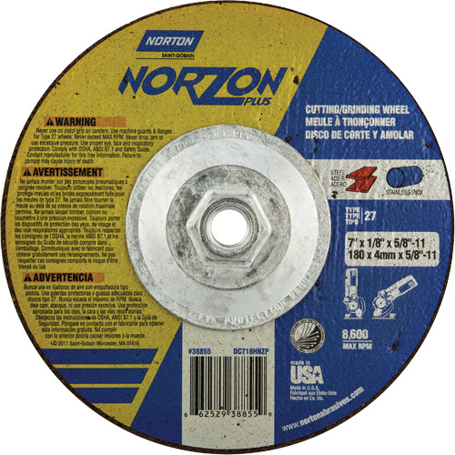 Disque de meulage et tronçonnage NorZon Plus SGZ, 7" x 1/8", Arbre de 5/8"-11, Type 27, C&eacute;ramique d'alumine Sécurité Médic