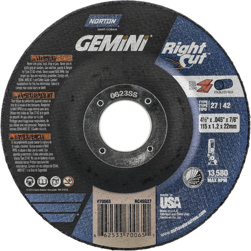 Gemini RightCut Right Angle Cut-Off Wheel, 4-1/2" x 0.045", 7/8" Arbor, Type 27/42, Aluminum Oxide, 13580 RPM Sécurité Médic