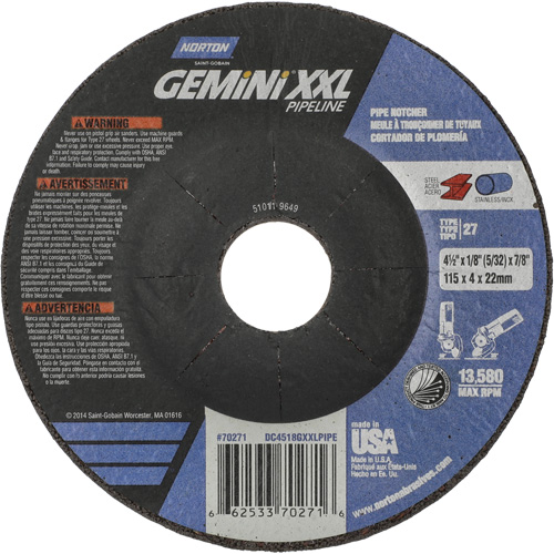 Disque combin&eacute; de meulage et tronçonnage Gemini XXL, 4-1/2" x 1/8", Arbre de 7/8", Type 27, Oxyde d'aluminium Sécurité Médic