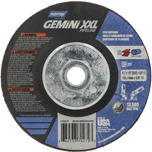 Disque combin&eacute; de meulage et tronçonnage Gemini XXL, 4-1/2" x 1/8", Arbre de 5/8"-11, Type 27, Oxyde d'aluminium Sécurité Médic