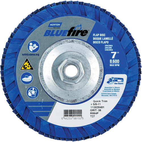 BlueFire&reg; Standard-Density Flap Disc, 7" x 5/8"-11, Type 27, P36 Grit, Zirconia Alumina Sécurité Médic
