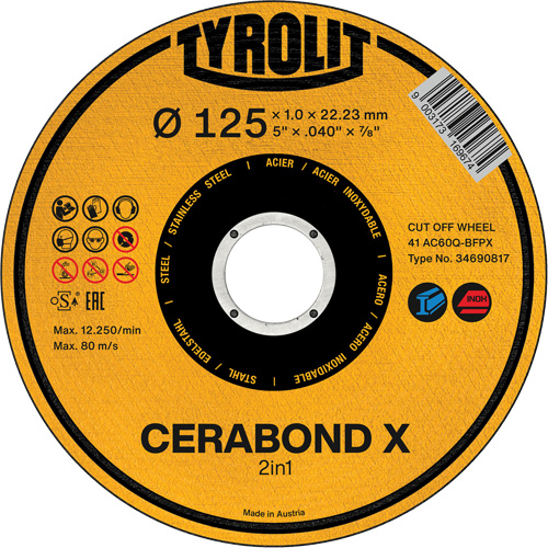 Meule &agrave; tronçonner Cerabond X, 5" x 0,04", Arbre de 7/8", C&eacute;ramique Sécurité Médic