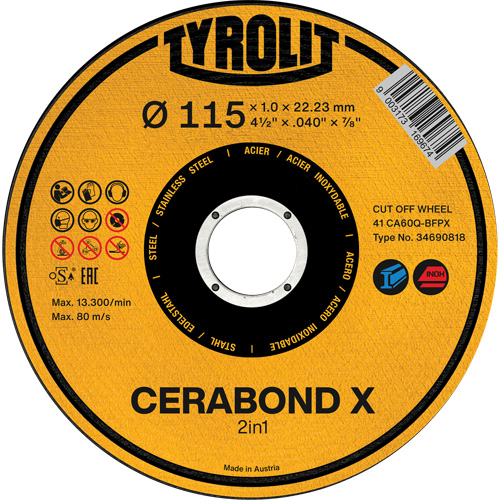Meule &agrave; tronçonner CA60Q-BFPX CERABOND X, 4-1/2" x 0,039", Arbre de 7/8", Type 1 Sécurité Médic