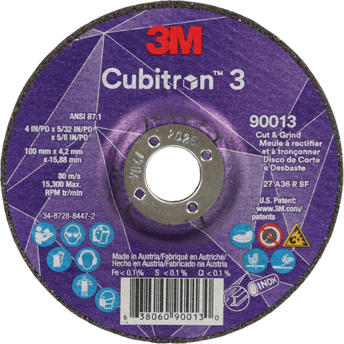 Meule &agrave; tronçonner Cubitron 3, 4" x 39/250", Arbre de 5/8", Type 27, Grain de 36, C&eacute;ramique Sécurité Médic