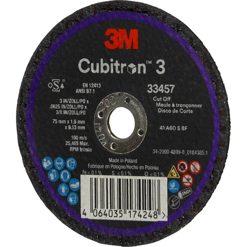 Cubitron 3 Cut-Off Wheel, 3" x 0.063", 3/8" Arbor, Ceramic Sécurité Médic