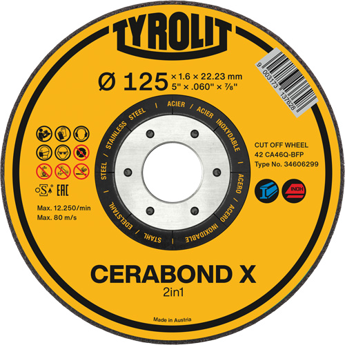 Meule &agrave; tronçonner pour acier et acier inoxydable CERABOND X, 5" x 0,45", Arbre de 7/8", Type 1, C&eacute;ramique, 12250 Tr/min Sécurité Médic