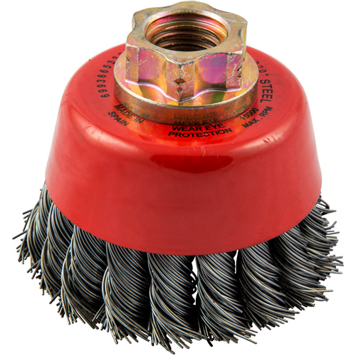 Knotted Wire Cup Brush, 2-3/4" Dia. x 5/8"-11 Arbor Sécurité Médic