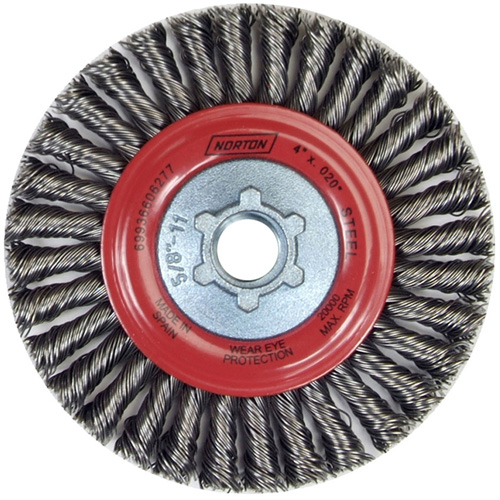 Brosse &agrave; fils nou&eacute;s pour cordons de soudure pour meuleuse angulaire, Dia. 4", Fils 0,02", Arbre 5/8"-11, Acier Sécurité Médic
