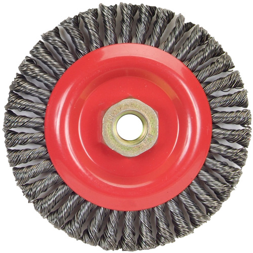Brosse &agrave; fils nou&eacute;s pour cordons de soudure pour meuleuse angulaire, Dia. 5", Fils 0,02", Arbre 5/8"-11, Acier Sécurité Médic