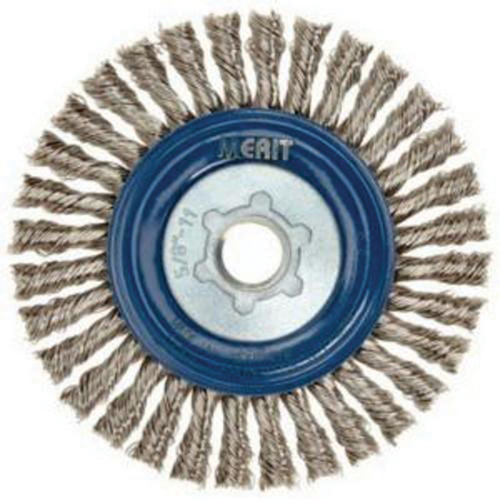 Brosse &agrave; fils nou&eacute;s pour cordons de soudure pour meuleuse angulaire, Dia. 5", Fils 0,02", Arbre 5/8"-11, Acier inoxydable Sécurité Médic