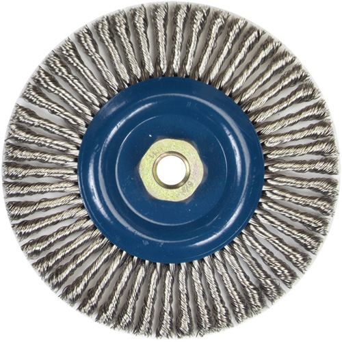 Brosse &agrave; fils nou&eacute;s pour cordons de soudure pour meuleuse angulaire, Dia. 6", Fils 0,02", Arbre 5/8"-11, Acier inoxydable Sécurité Médic