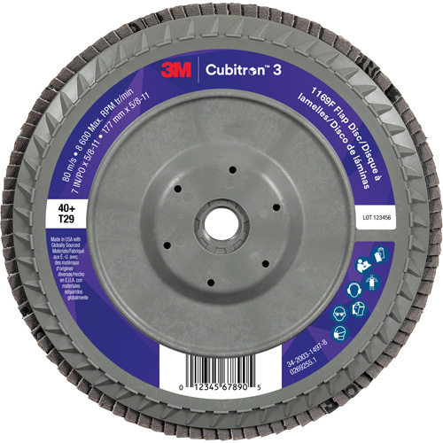 Cubitron 3 Conical  Flap Disc with Quick Change 1169F, 7" x 5/8"-11, Type T29, 40+ Grit, Ceramic Sécurité Médic
