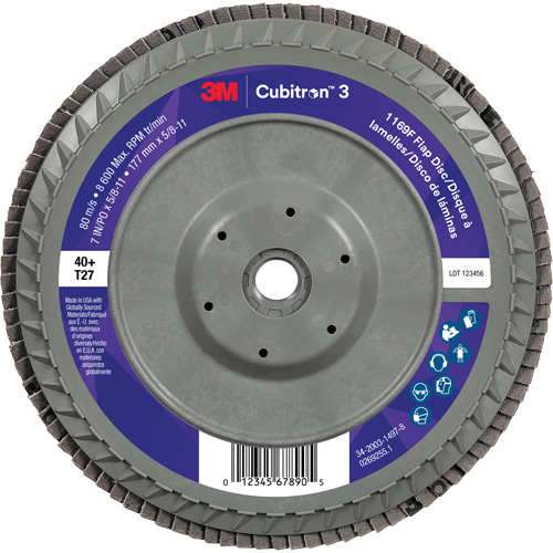 Cubitron 3 Flat Flap Disc with Quick Change 1169F, 7" x 5/8"-11, Type T27, 40+ Grit, Ceramic Sécurité Médic