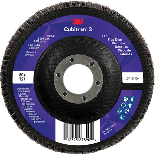 Cubitron 3 Flat Flap Disc 1169F, 4-1/2" x 7/8", Type T27, 80+ Grit, Ceramic Sécurité Médic
