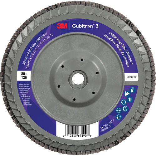 Cubitron 3 Conical  Flap Disc with Quick Change 1169F, 7" x 5/8"-11, Type T29, 80+ Grit, Ceramic Sécurité Médic
