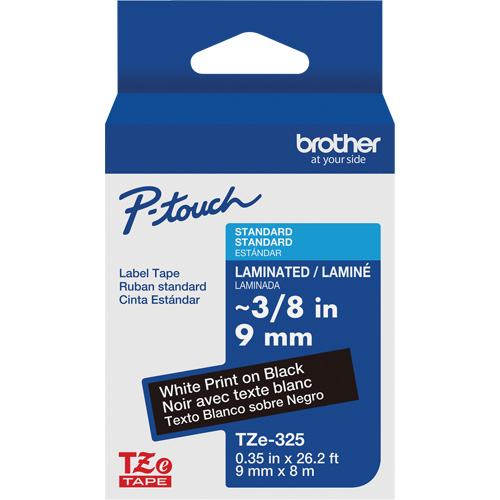 P-touch&reg; Labeling Systems, 9 mm x 314.96" or 8 m, White on Black Sécurité Médic