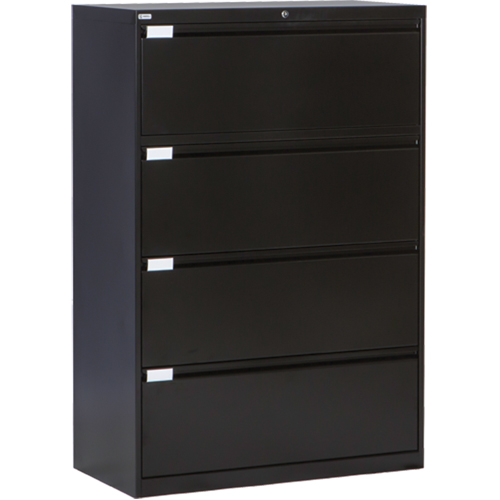 Lateral Filing Cabinet, Steel, 4 Drawers, 36" W x 18" D x 53-3/8" H, Black Sécurité Médic