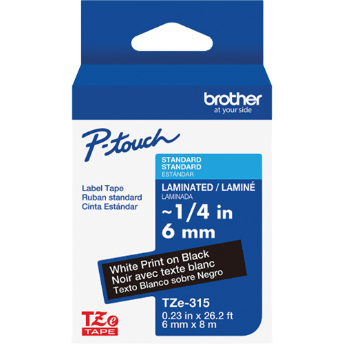 Ruban lamin&eacute; TZe-315 pour &eacute;tiqueteuses P-Touch compatibles avec les rubans TZe, Blanc sur noir, Largeur de 0,23" Sécurité Médic