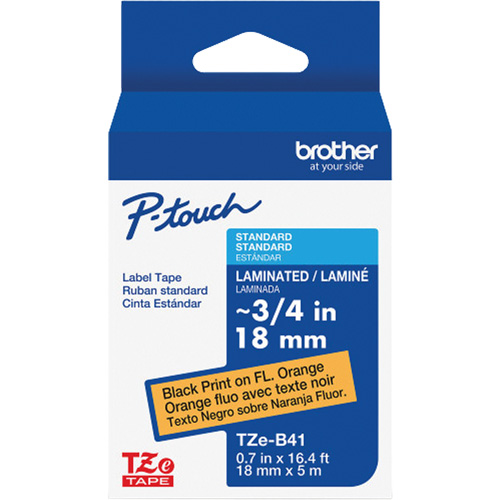 Ruban lamin&eacute; TZe-B41 pour &eacute;tiqueteuses P-Touch compatibles avec les rubans TZe, Noir sur orange fluorescent, Largeur de 0,7" Sécurité Médic