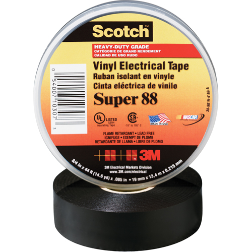 Scotch&reg; Super 88 Tape, 19 mm (3/4") x 20.1 m (66'), Black, 8.5 mils Sécurité Médic