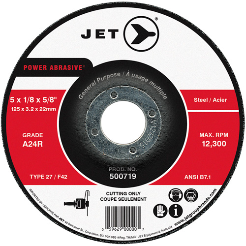 Power Abrasive Cut-Off Wheel, 5" x 1/8", 7/8" Arbor, Type 27, 12300 RPM Sécurité Médic