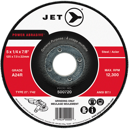 Meule POWER ABRASIVE, 5" x 1/4", Arbre 7/8", Type 27 Sécurité Médic