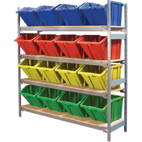 Wide Span Shelving with Jumbo Plastic Bins, Steel, Boltless, 800 lbs. Capacity, 66" W x 72" H x 18" D Sécurité Médic