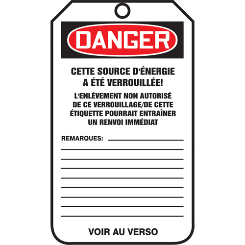 Lockout Tags, Plastic, 3-3/8" W x 5-7/8" H, French Sécurité Médic