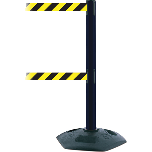 Poteau robuste &agrave; ligne double, Plastique, 38" h, Ruban Noir/Jaune, Longueur du ruban 7,5' Sécurité Médic