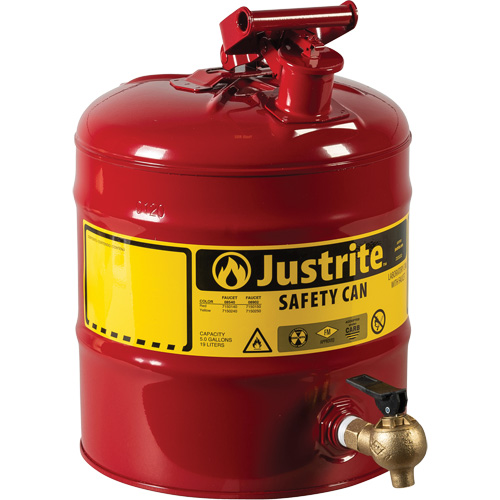 Bidon avec robinet s&eacute;curitaires pour laboratoires, Type I, Acier, 5 gal. US, Rouge, Homologu&eacute; FM Sécurité Médic