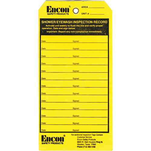 &eacute;tiquette de registre d'inspection pour douche oculaire & d'urgence, Papier cartonn&eacute;, 3-1/8" la x 6-1/4" h, Anglais Sécurité Médic