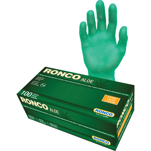 Gants jetables avec alo&egrave;s, T-Grand, Vinyle, 5 mils, Sans poudre, Vert Sécurité Médic