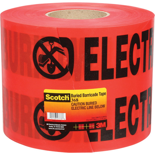Ruban pour barri&egrave;res pour services publics souterrains Scotch, Anglais, 6" la x 1000' lo, 4 mils, Noir/rouge Sécurité Médic