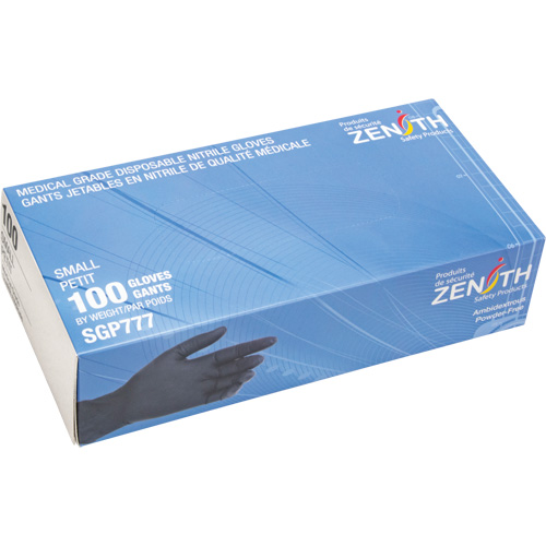 Gants jetables de calibre m&eacute;dical r&eacute;sistants &agrave; la perforation, Petit, Nitrile, 5 mils, Sans poudre, Noir, Classe 2 Sécurité Médic