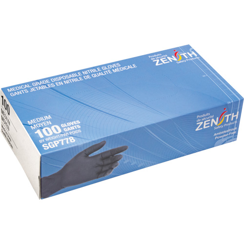 Puncture-Resistant Medical-Grade Disposable Gloves, Medium, Nitrile, 5-mil, Powder-Free, Black, Class 2 Sécurité Médic