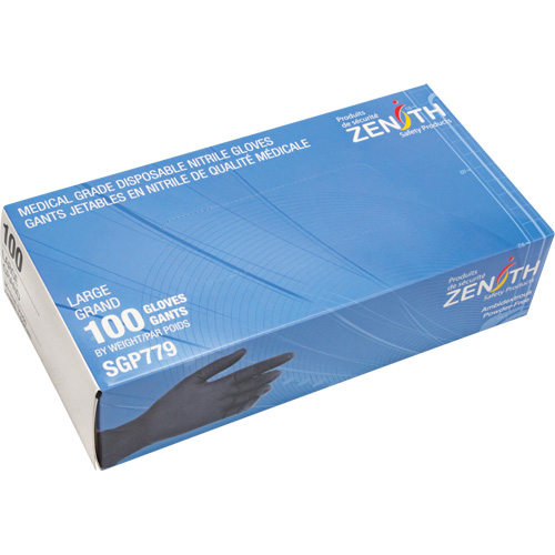 Puncture-Resistant Medical-Grade Disposable Gloves, Large, Nitrile, 5-mil, Powder-Free, Black, Class 2 Sécurité Médic