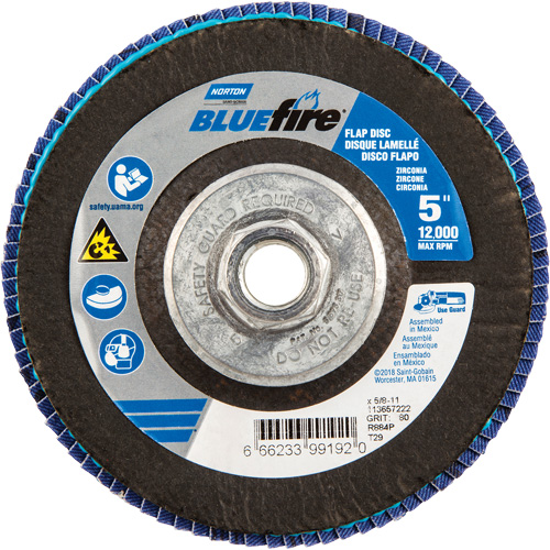 Disque &agrave; lamelles BlueFire, 5" x 5/8"-11, Type 29, Grain 80, Alumine de zirconium Sécurité Médic