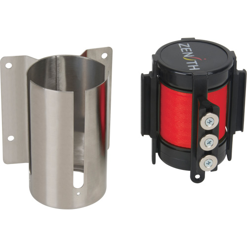 Barri&egrave;re &agrave; fixation murale avec ruban magn&eacute;tique, Acier, Fixation par vis, 12', Ruban Rouge Sécurité Médic