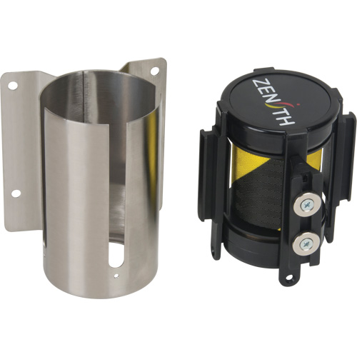 Barri&egrave;re &agrave; fixation murale avec ruban magn&eacute;tique, Acier, Fixation par vis, 7', Ruban Noir et jaune Sécurité Médic