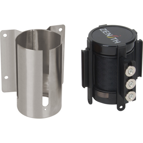 Barri&egrave;re &agrave; fixation murale avec ruban magn&eacute;tique, Acier, Fixation par vis, 12', Ruban Noir Sécurité Médic